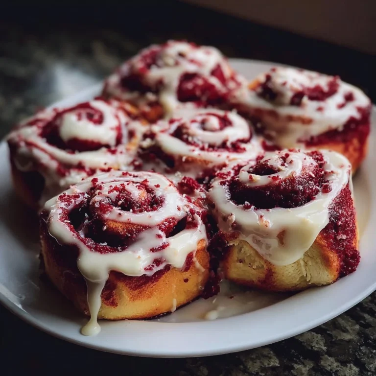 Freshly baked Red Velvet Cinnamon Rolls drizzled with cream cheese frosting