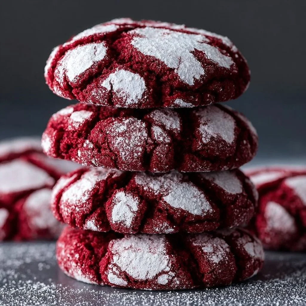 Freshly baked Red Velvet Crinkle Cookies on a plate, showcasing their vibrant color and texture.