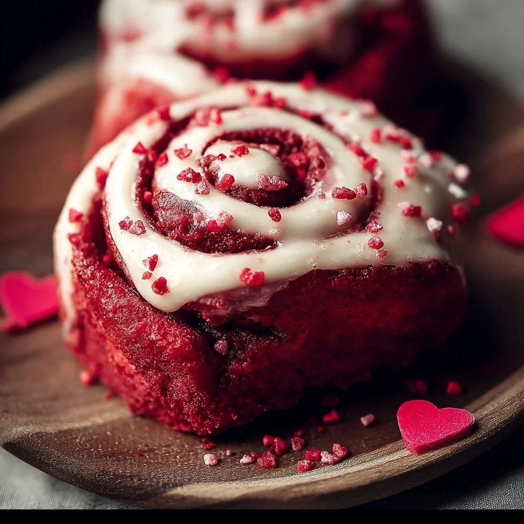 Red Velvet Valentine's Day cinnamon rolls with cream cheese frosting