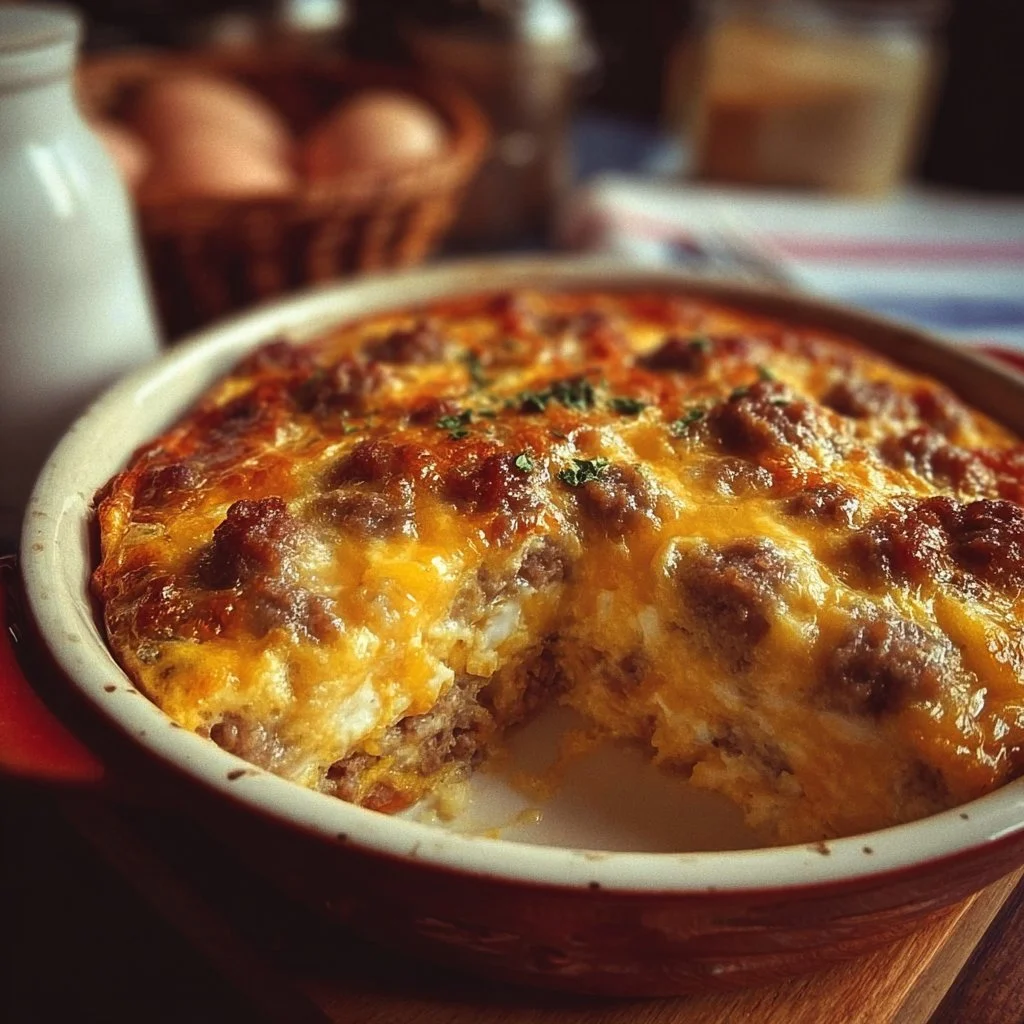 Delicious Sausage and Egg Casserole fresh out of the oven, garnished and ready to serve.