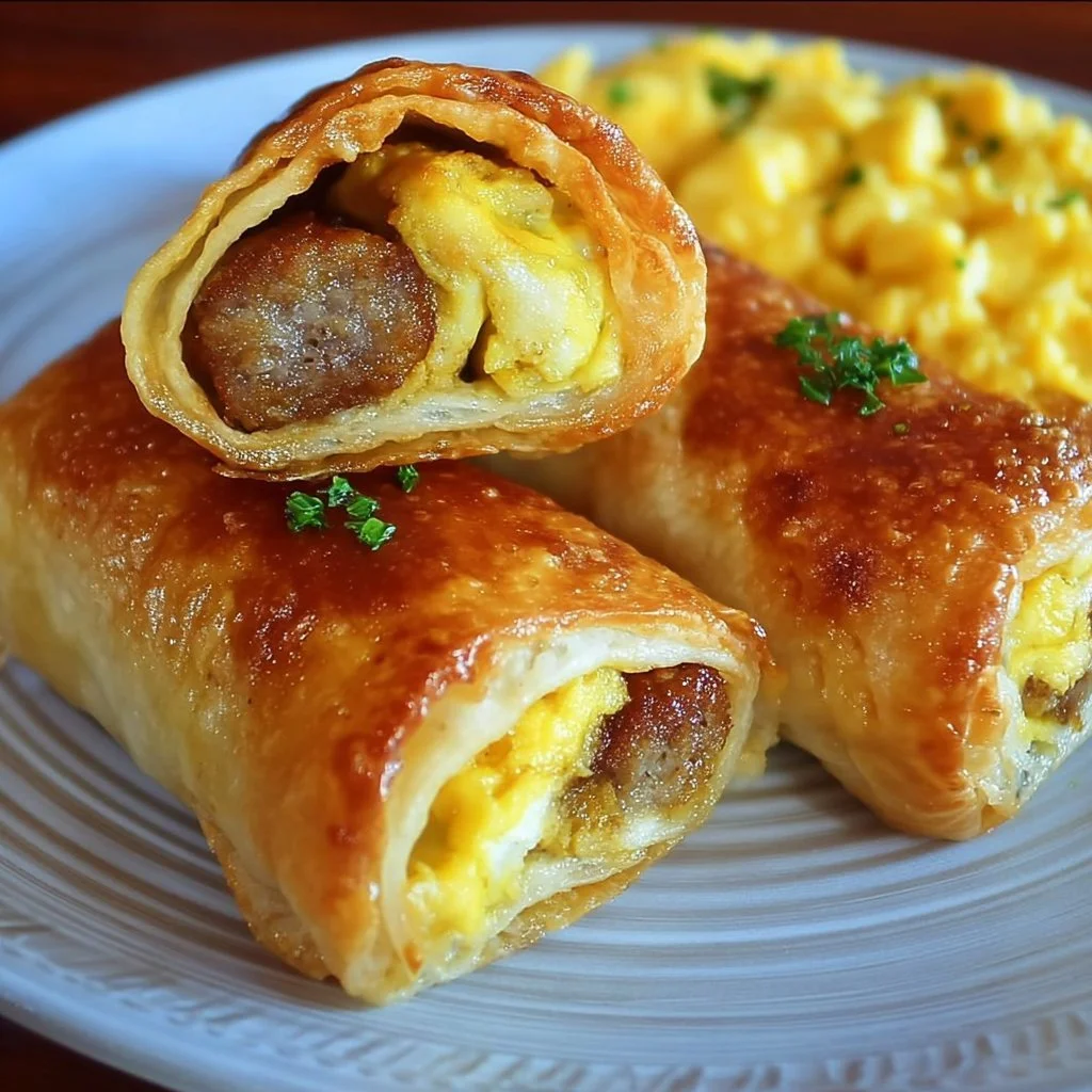 Sausage egg breakfast roll-ups served on a plate.