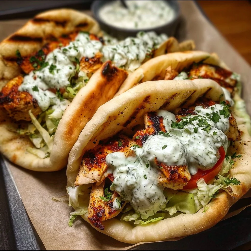 Sheet pan chicken pitas topped with herby ranch dressing