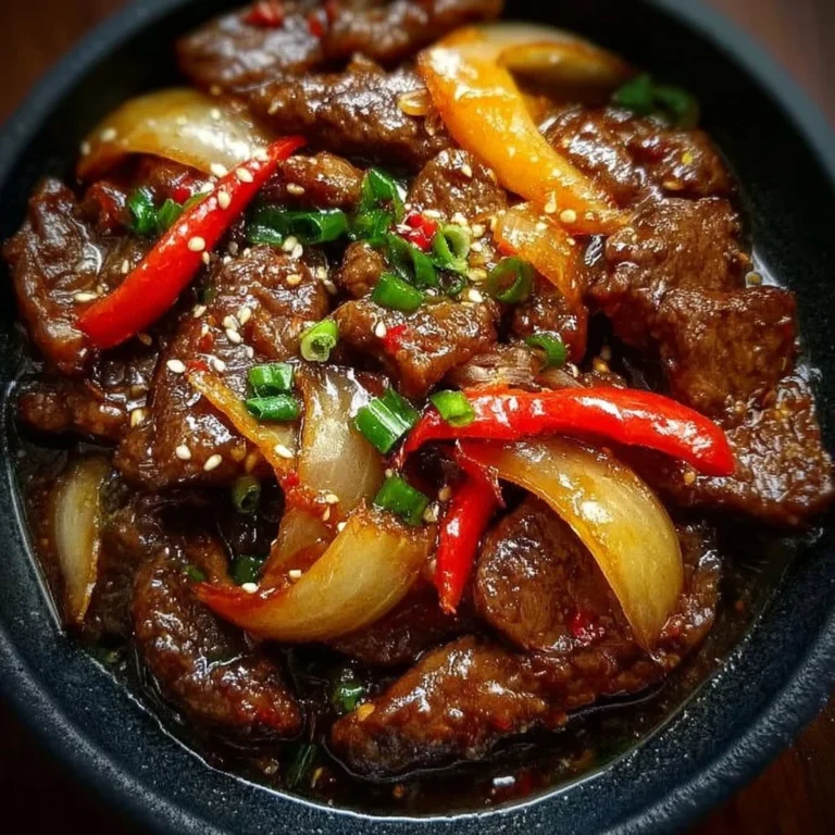 Delicious Sizzling Chinese Pepper Steak with Onions served on a plate