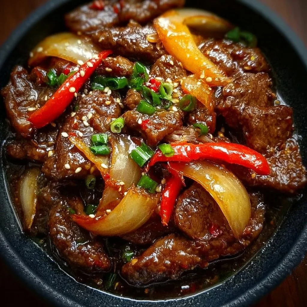 Delicious Sizzling Chinese Pepper Steak with Onions served on a plate