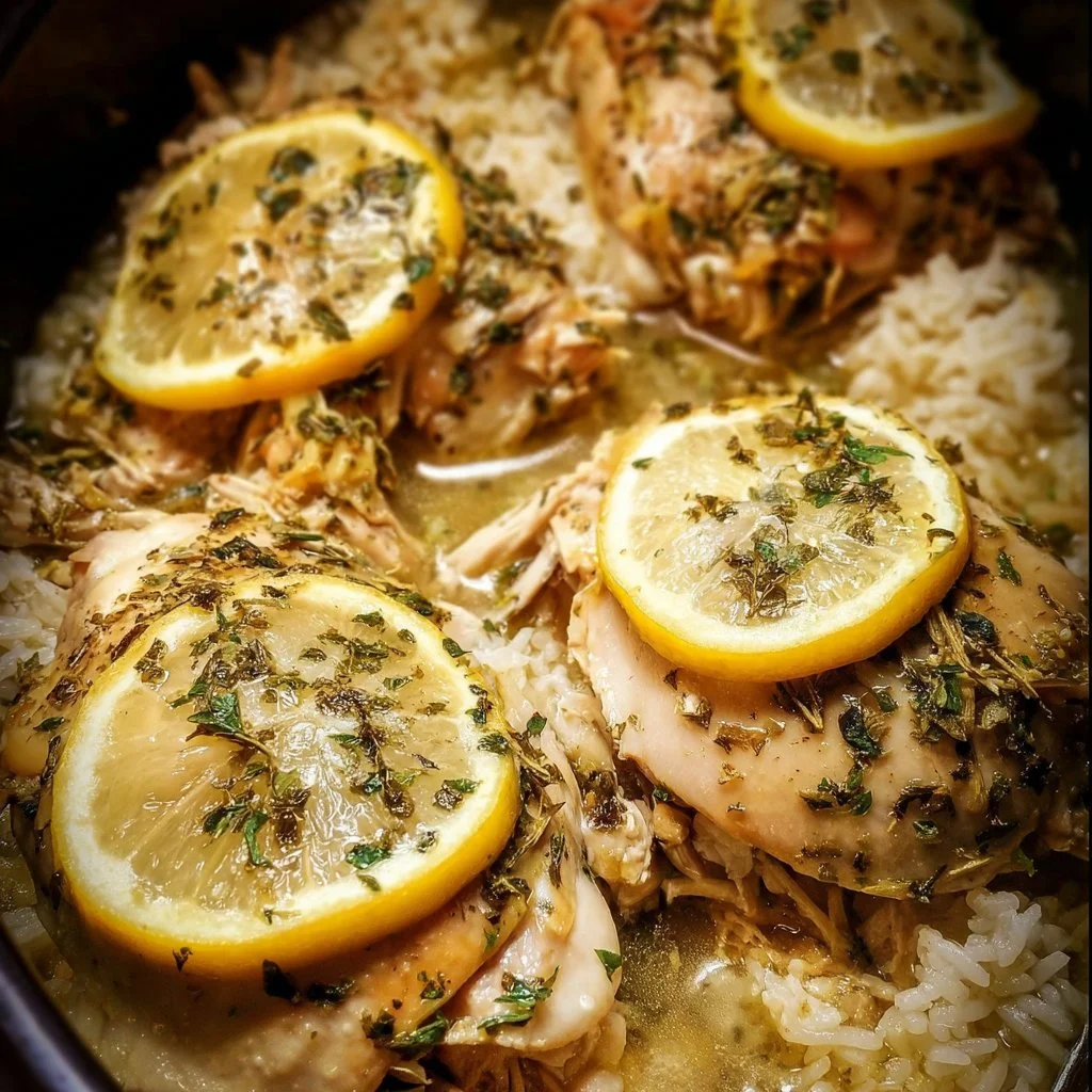 Slow Cooker Lemon Herb Chicken served on a plate with herbs and lemon slices.