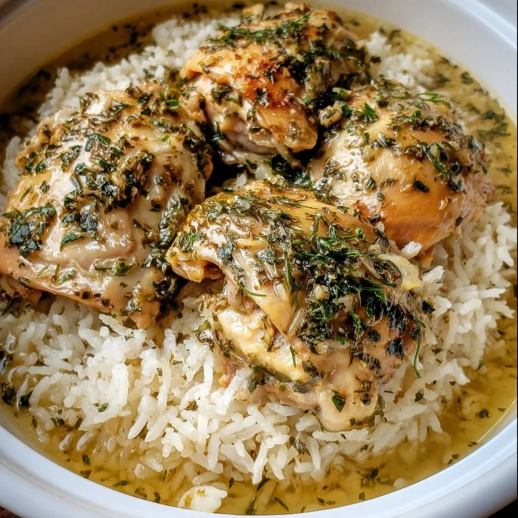 Slow Cooker Lemon Herb Chicken served with fluffy rice on a plate