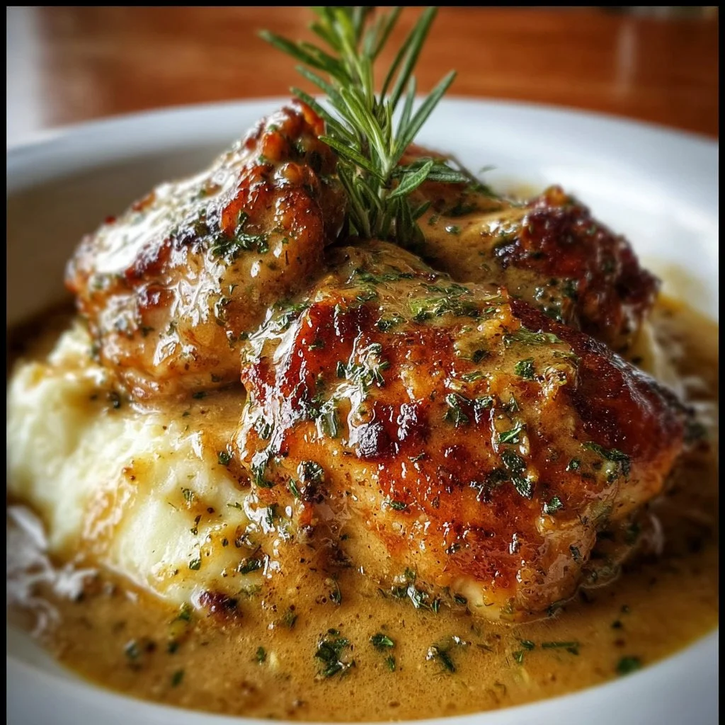 Delicious smothered chicken thighs in savory gravy served on a plate.