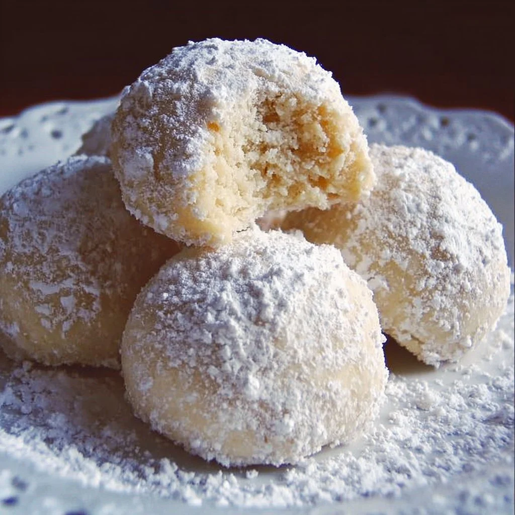 Delicious homemade Snowball Cookies dusted with powdered sugar on a plate