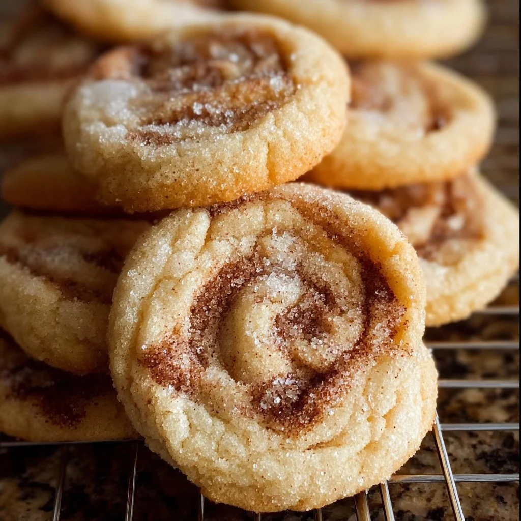 Soft and chewy cinnamon roll sugar cookies on a wooden table