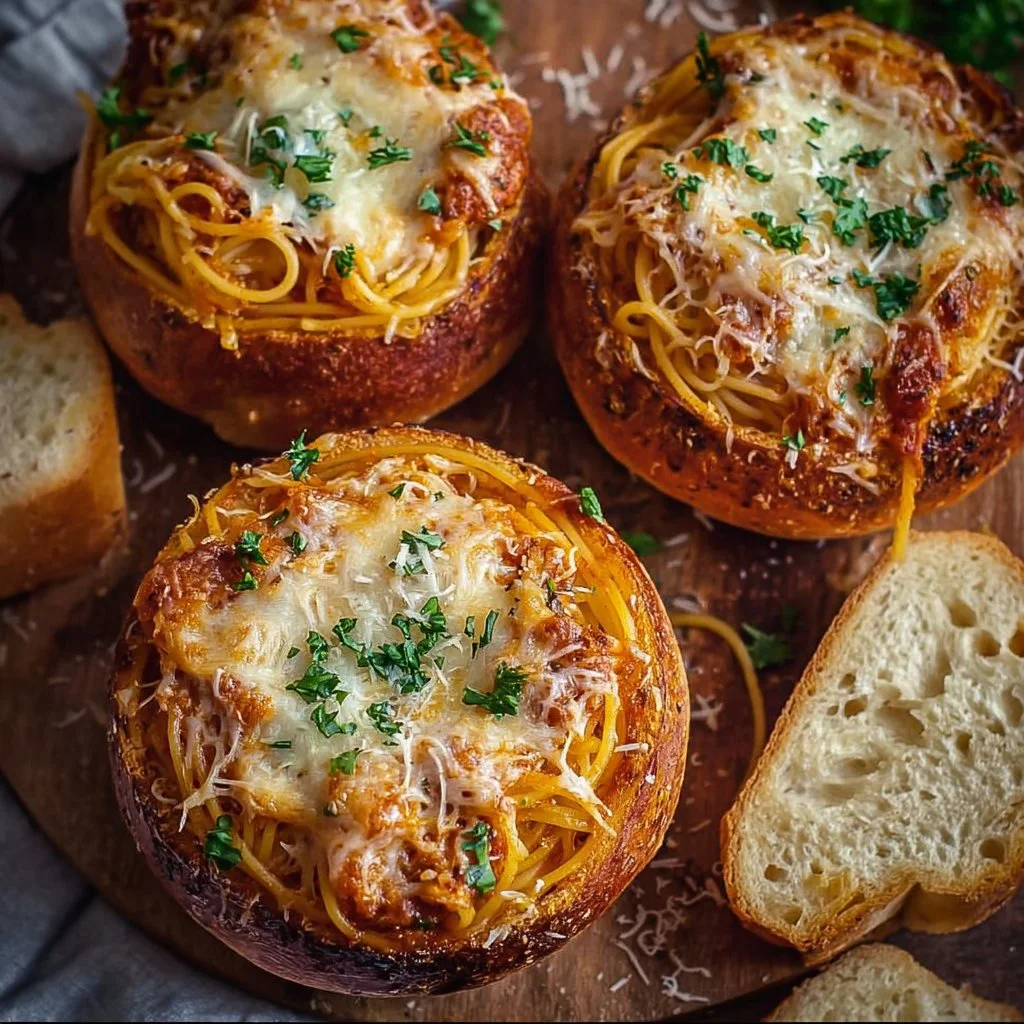 Spaghetti garlic bread bowls filled with rich spaghetti and topped with herbs.