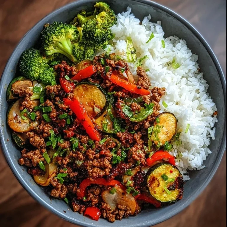 Spicy ground beef stir-fry bowl with garlic veggies and rice