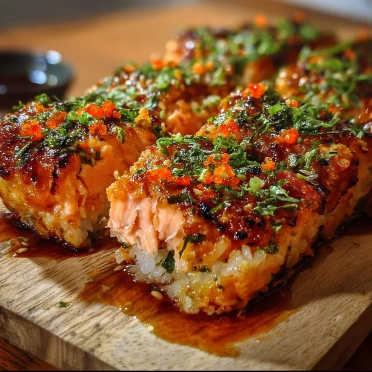 Baked spicy salmon sushi topped with avocado and garnished with green onions.