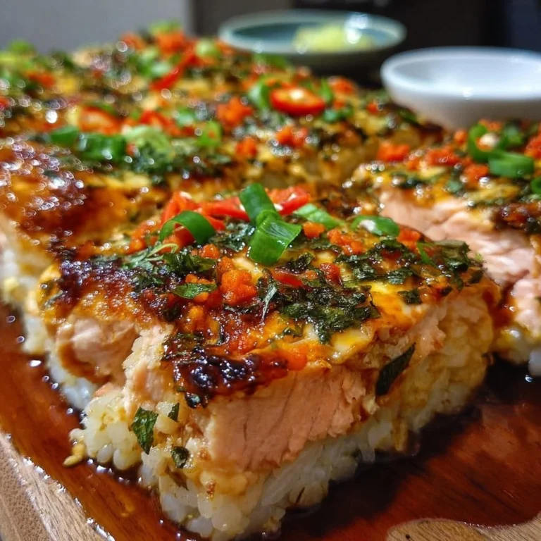 Delicious Spicy Salmon Sushi Bake served in a dish, garnished and ready to enjoy.