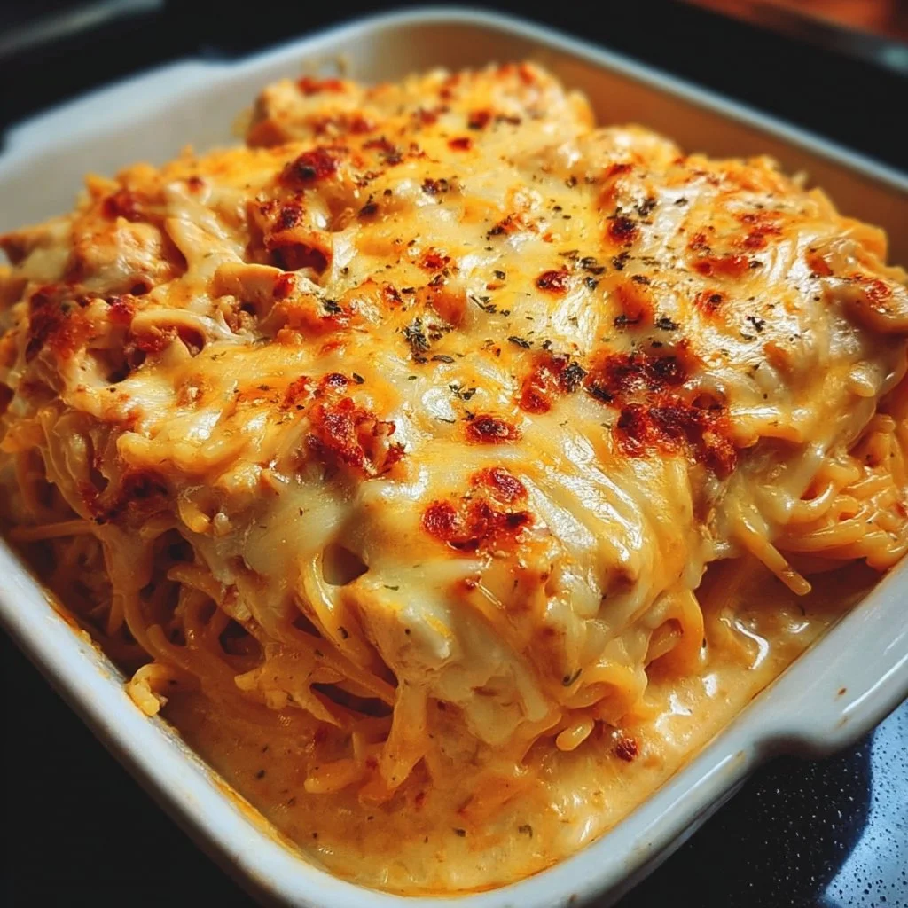 Delicious spicy Southern cheesy chicken spaghetti casserole in a baking dish.