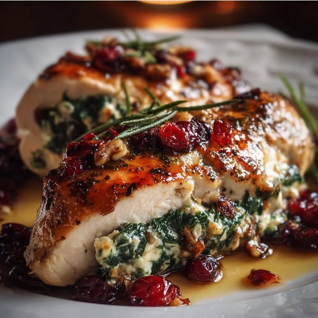 Delicious spinach and cranberry stuffed chicken breasts on a plate