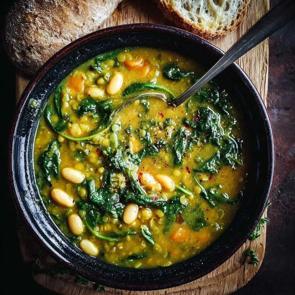 Bowl of vibrant Spinach Lentil Soup with butter beans, garnished with herbs