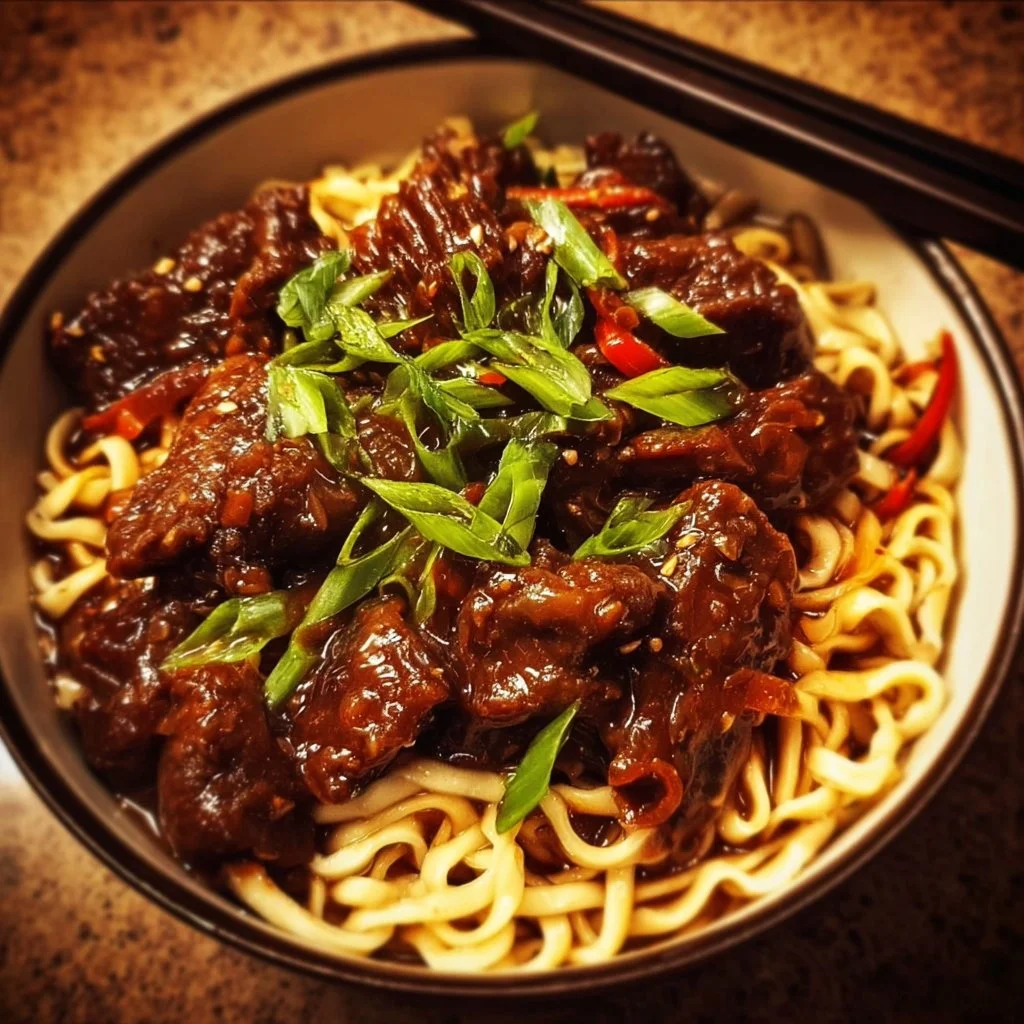 Plate of sticky beef noodles garnished with fresh herbs and vegetables