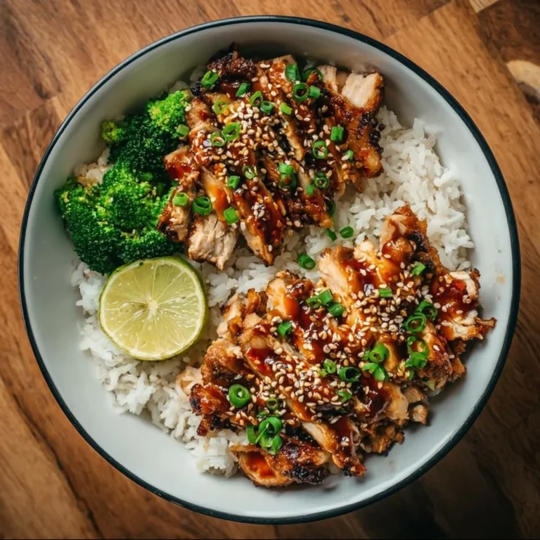 Delicious Sticky Chicken Rice Bowls with vibrant vegetables and garnishes
