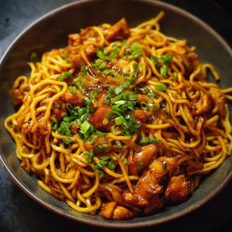 Sticky Garlic Chicken Noodles served in a bowl with fresh garnishes
