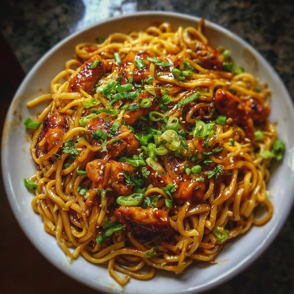 Delicious plate of sticky garlic chicken noodles garnished with green onions