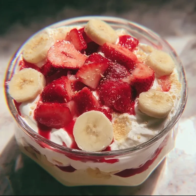 Delicious homemade strawberry banana pudding served in a glass bowl