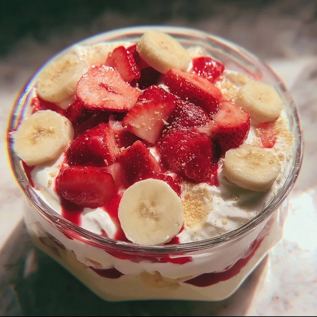 Delicious homemade strawberry banana pudding served in a glass bowl
