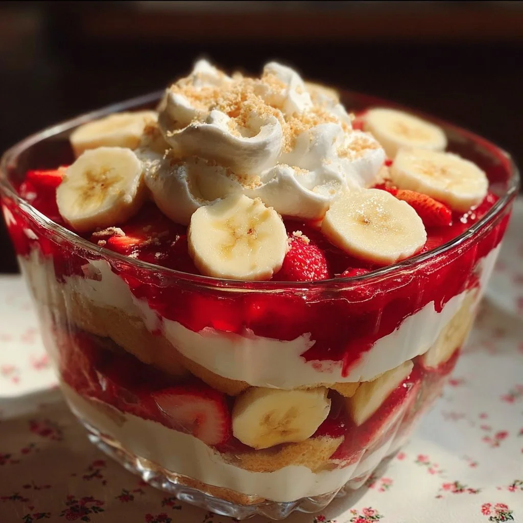 Delicious Strawberry Banana Pudding dessert with fresh strawberries and bananas
