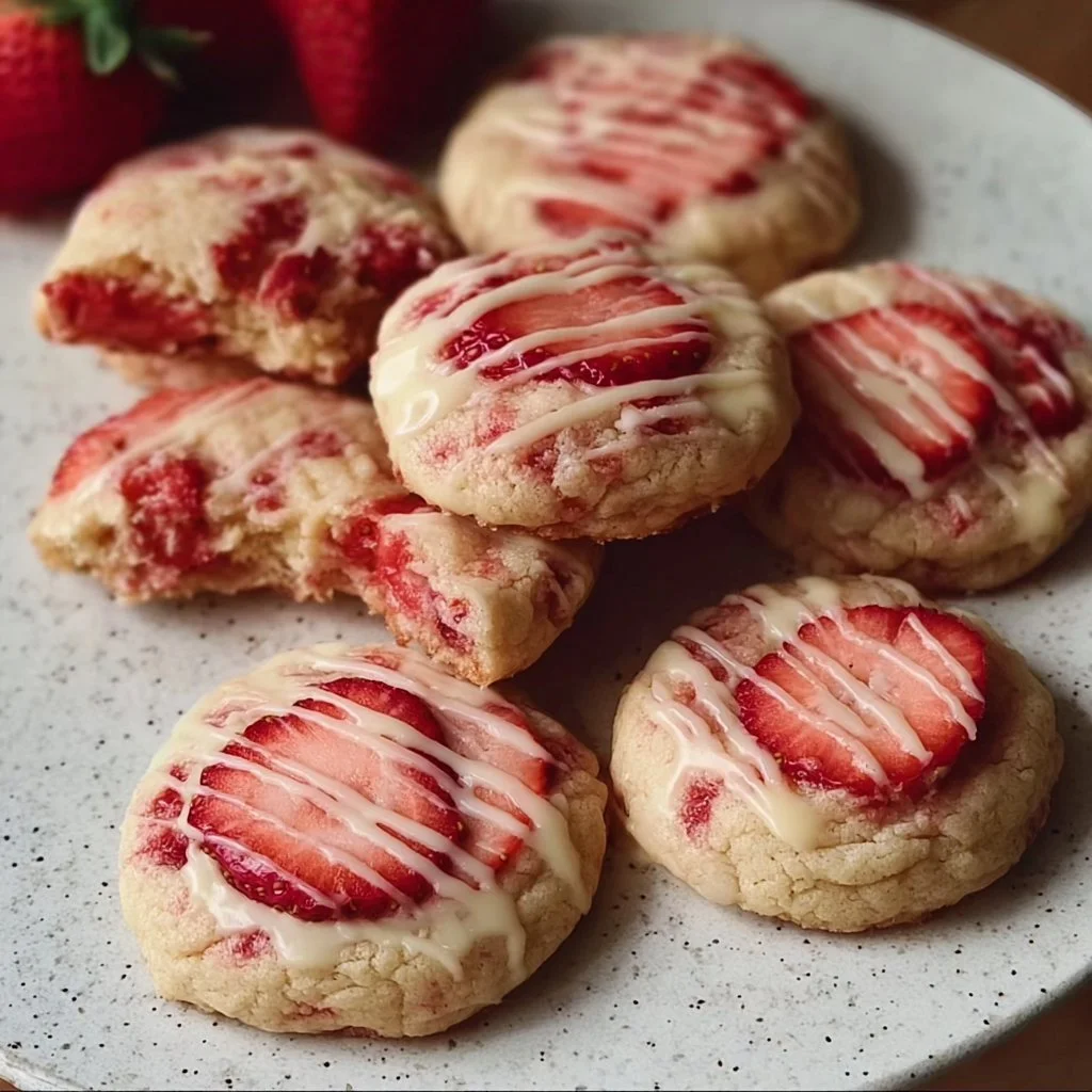 Freshly baked strawberry cheesecake cookies with cream cheese and strawberries