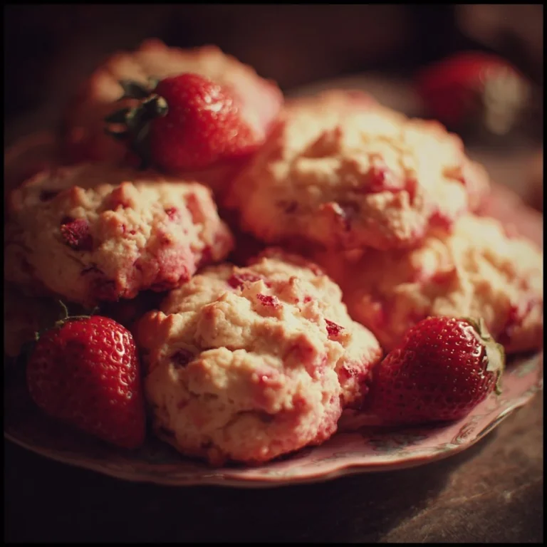 Freshly baked strawberry cookies with vibrant red strawberries