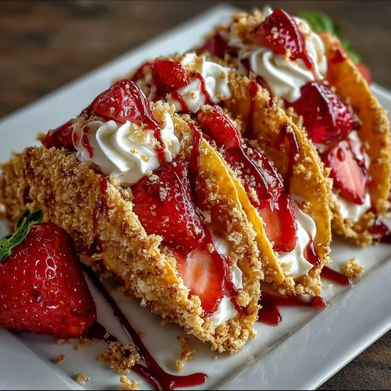 Strawberry crunch cheesecake tacos topped with fresh strawberries and cream