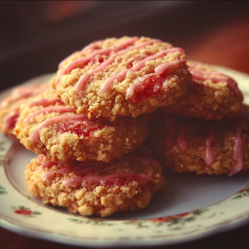 Delicious strawberry crunch cookies arranged on a plate