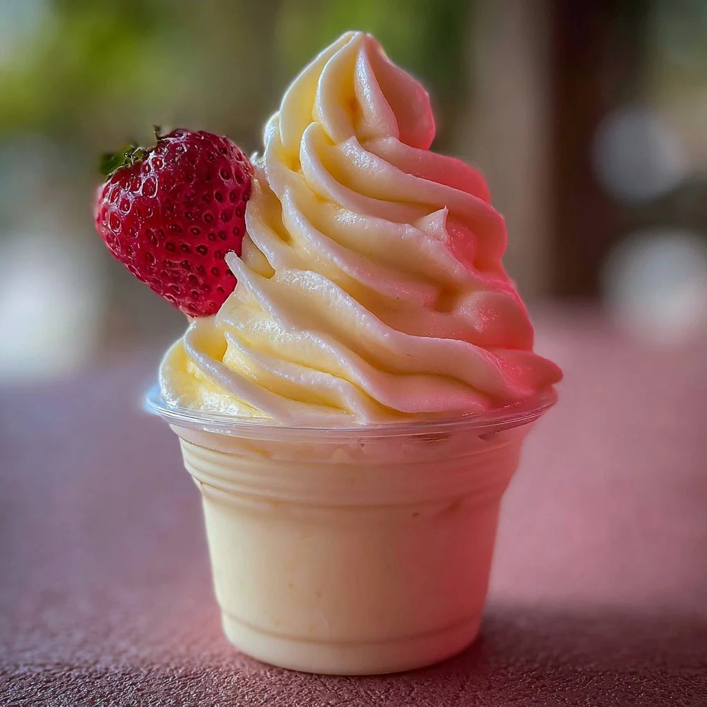 Delicious Strawberry Dole Whip dessert topped with fresh strawberries