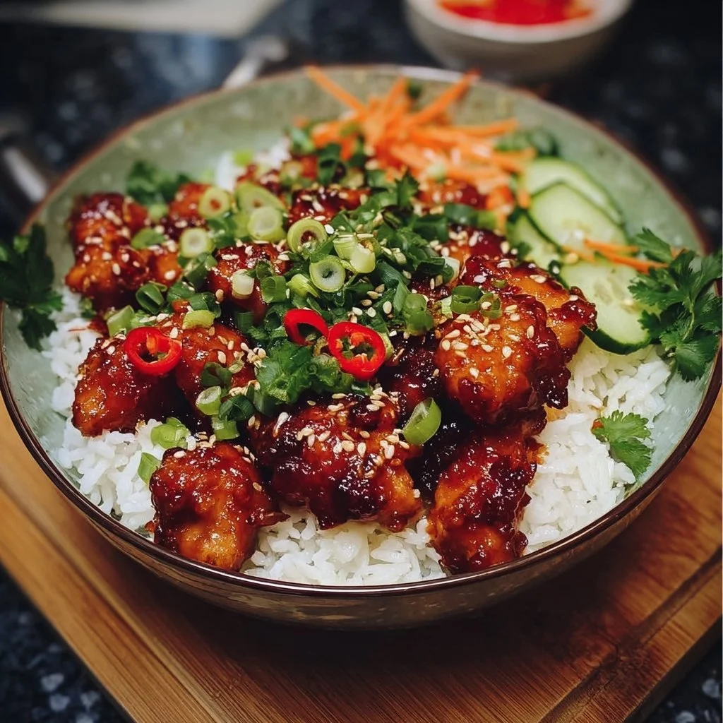 Sweet Chili Chicken Rice Bowl with vegetables and rice, topped with sauce.