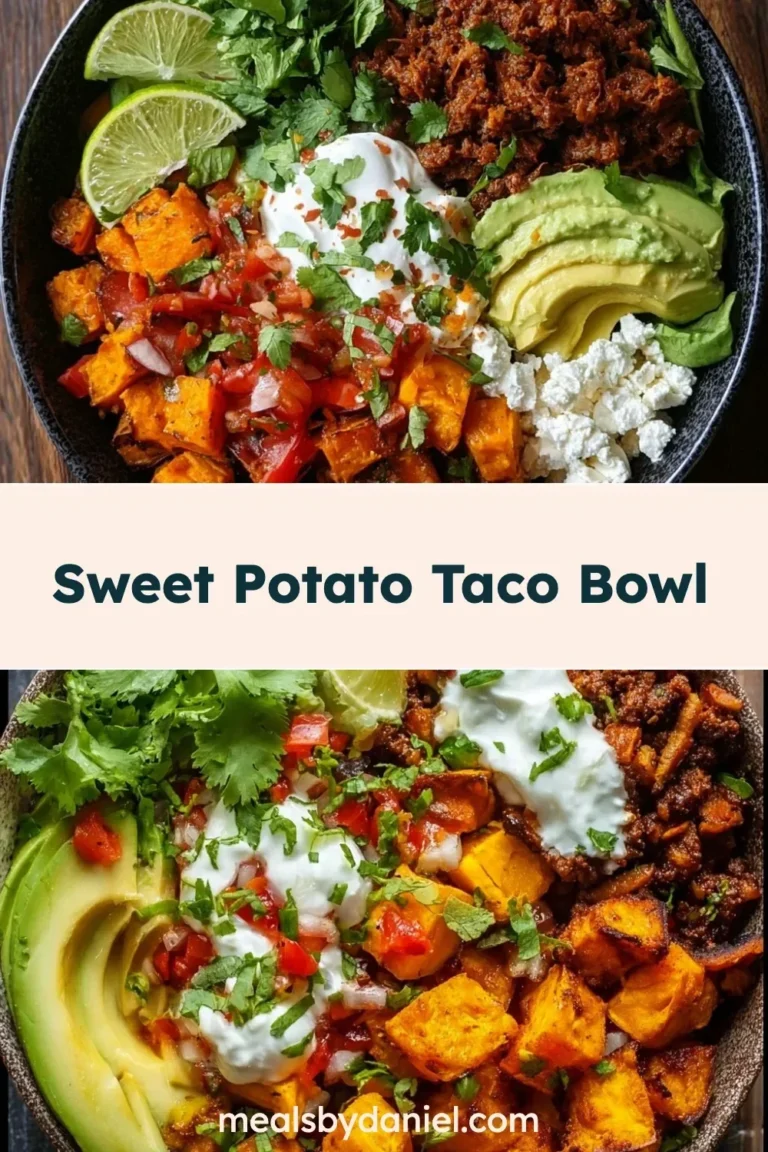 Delicious sweet potato taco bowl topped with fresh ingredients and spices