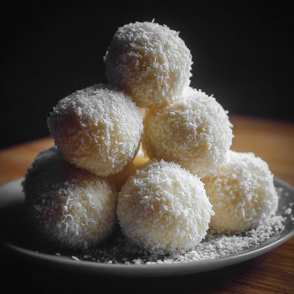 Delicious sweetened condensed milk snowballs on a white plate