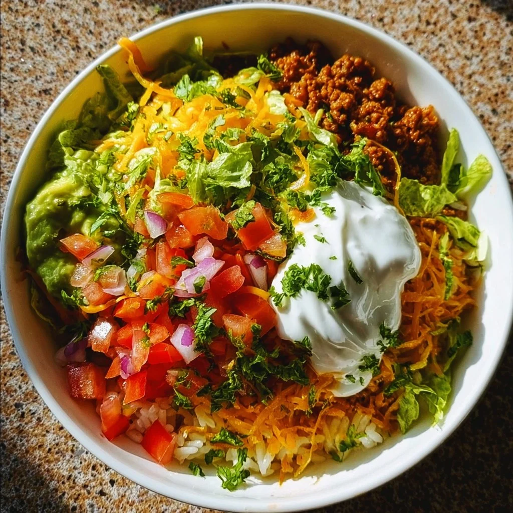 Delicious Taco Rice Bowl with fresh ingredients and savory toppings.
