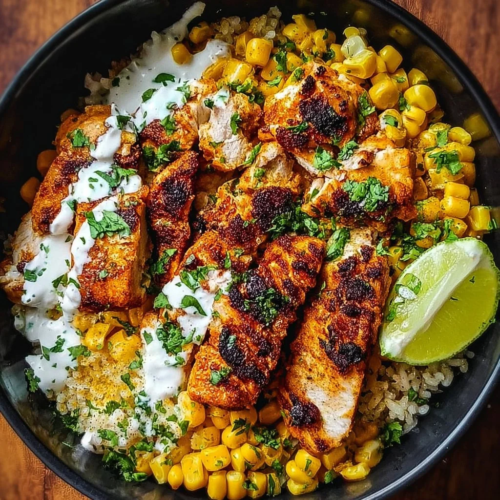 A flavorful street corn chicken bowl topped with fresh ingredients and vibrant seasonings.