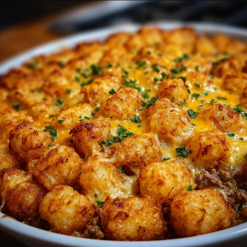 Baked Tater Tot Casserole served in a dish, garnished and ready to eat