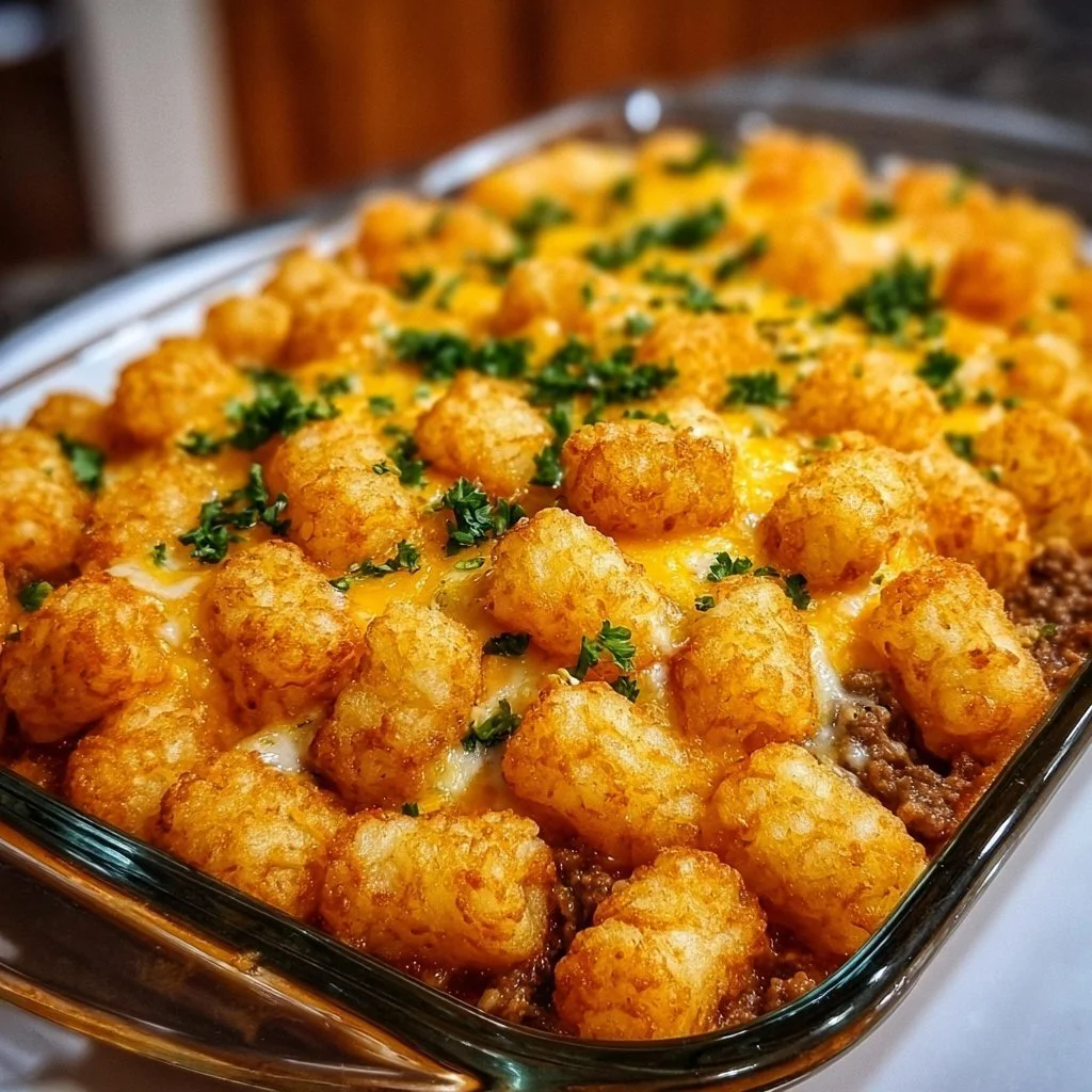 A warm and cheesy Tater Tot Casserole served in a baking dish
