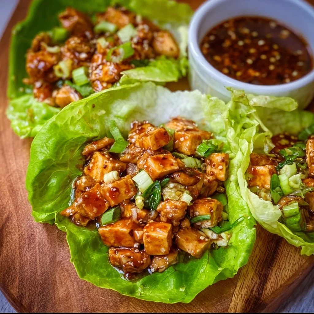 Delicious tofu lettuce wraps filled with vegetables and sauces