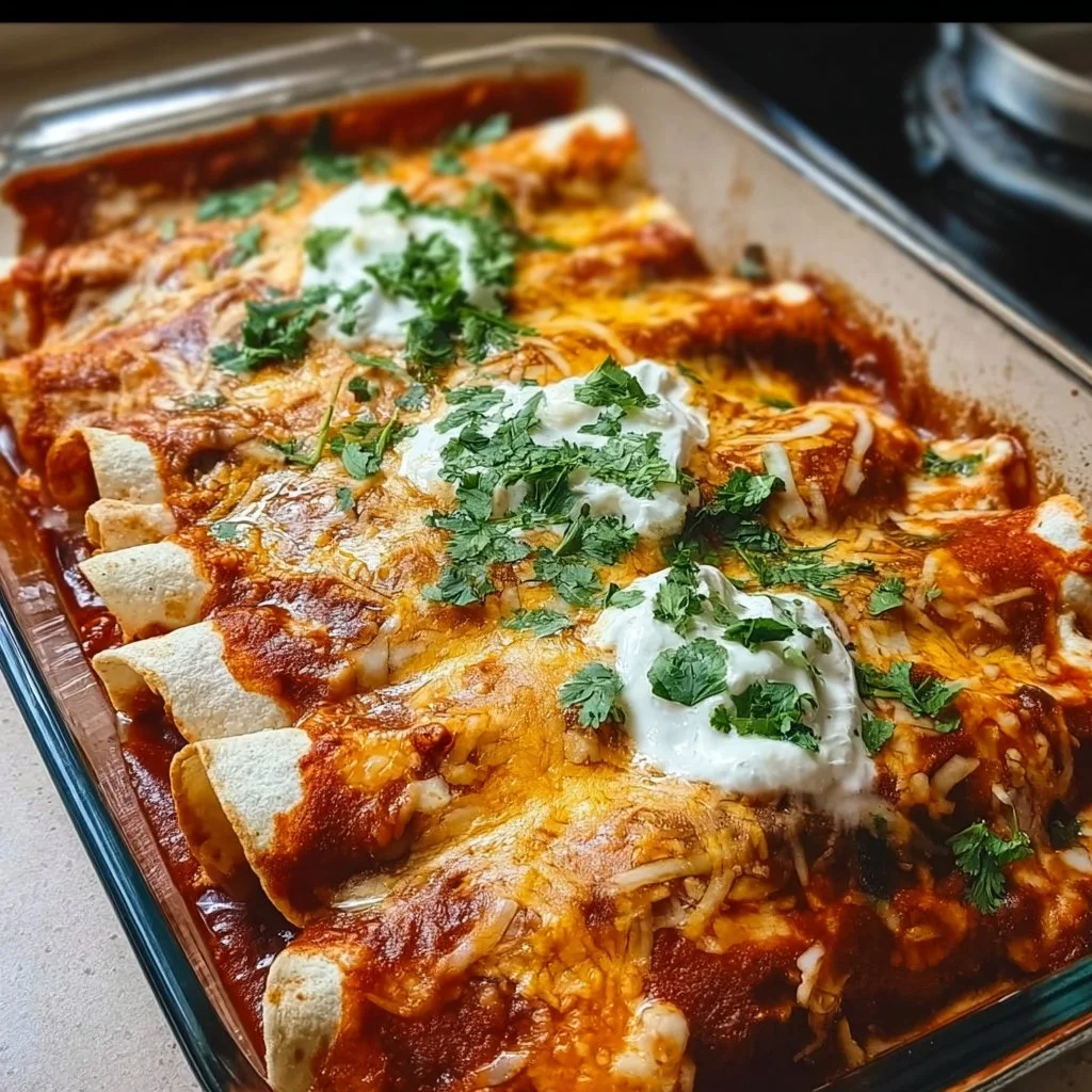 Quick and easy chicken enchiladas topped with cheese and fresh cilantro.