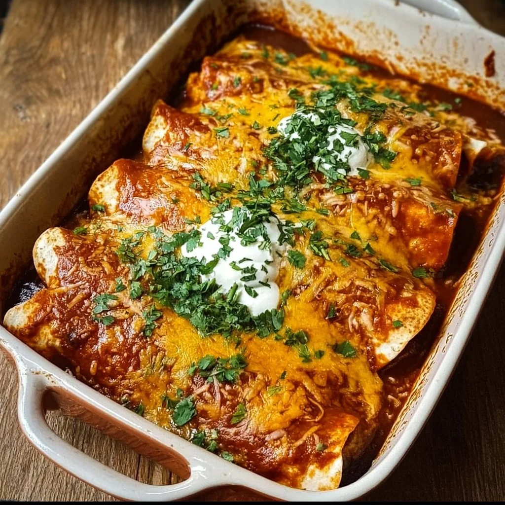 Delicious plate of quick and easy chicken enchiladas topped with cheese and herbs.