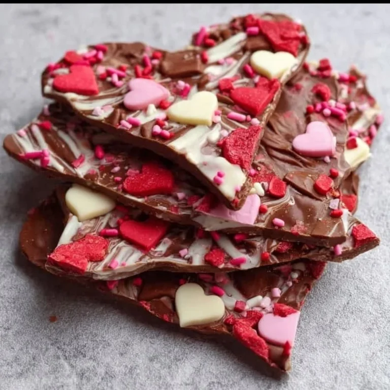 Valentine's Day themed chocolate bark decorated with hearts and sprinkles