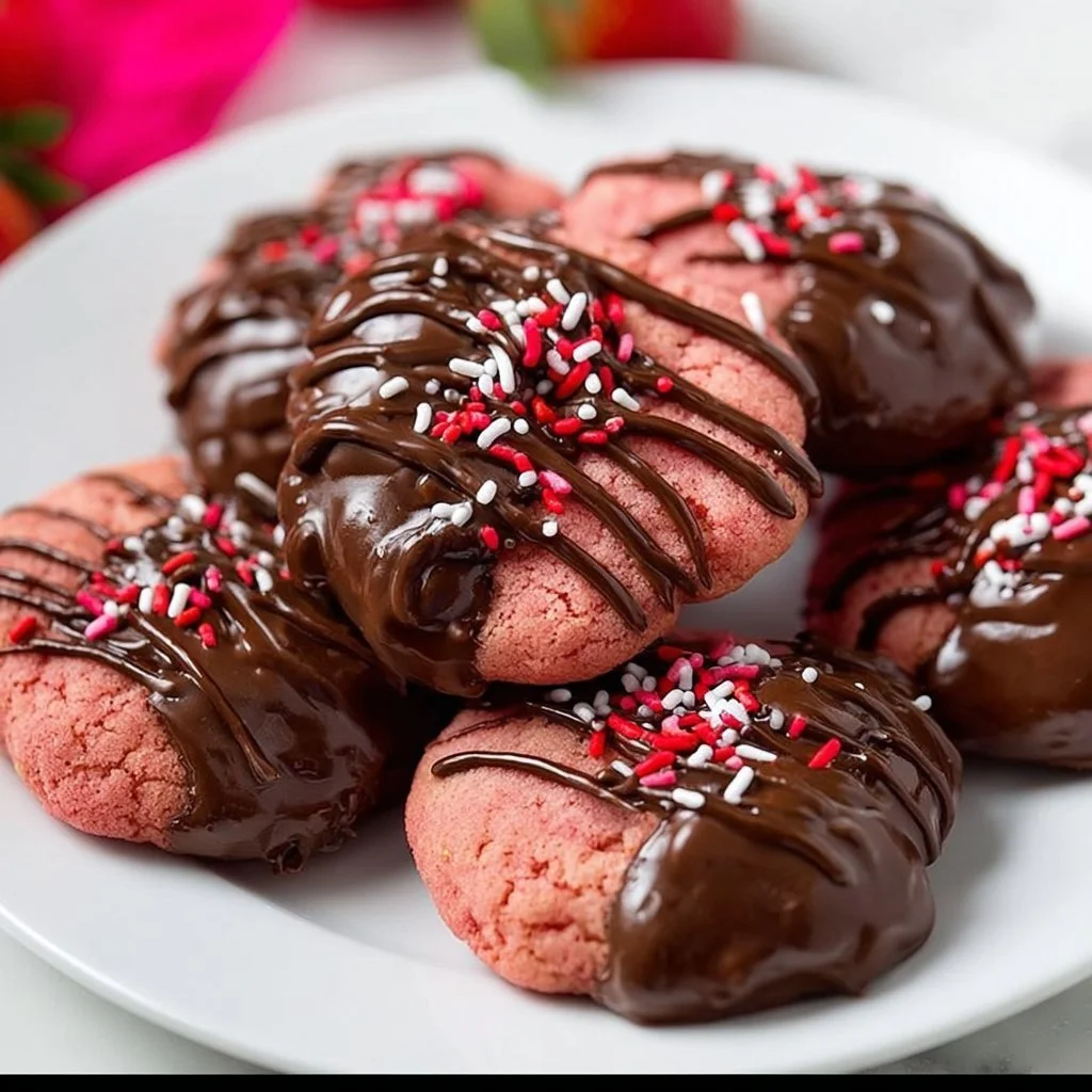 Delicious Valentine's Day chocolate covered strawberry cookies on a decorative plate.