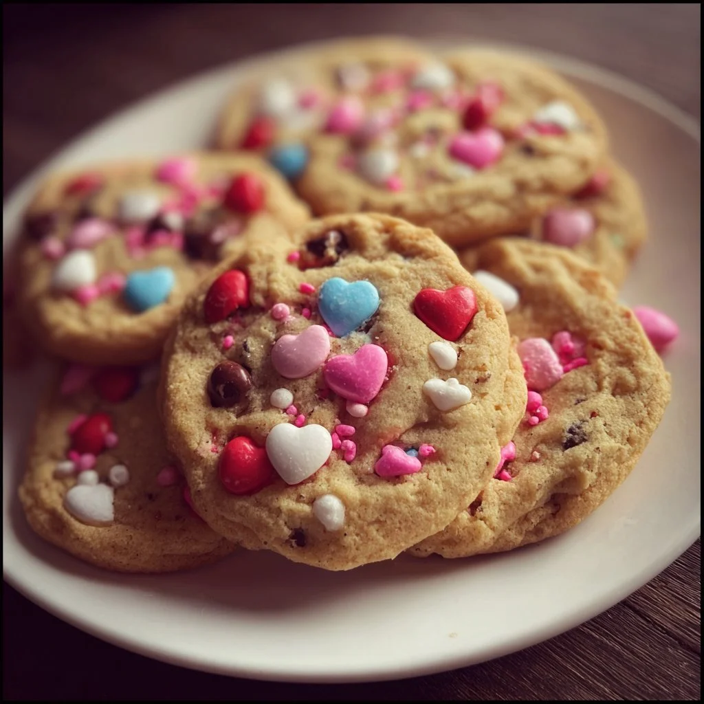 Valentine's Day M&M cookies decorated with colorful candies