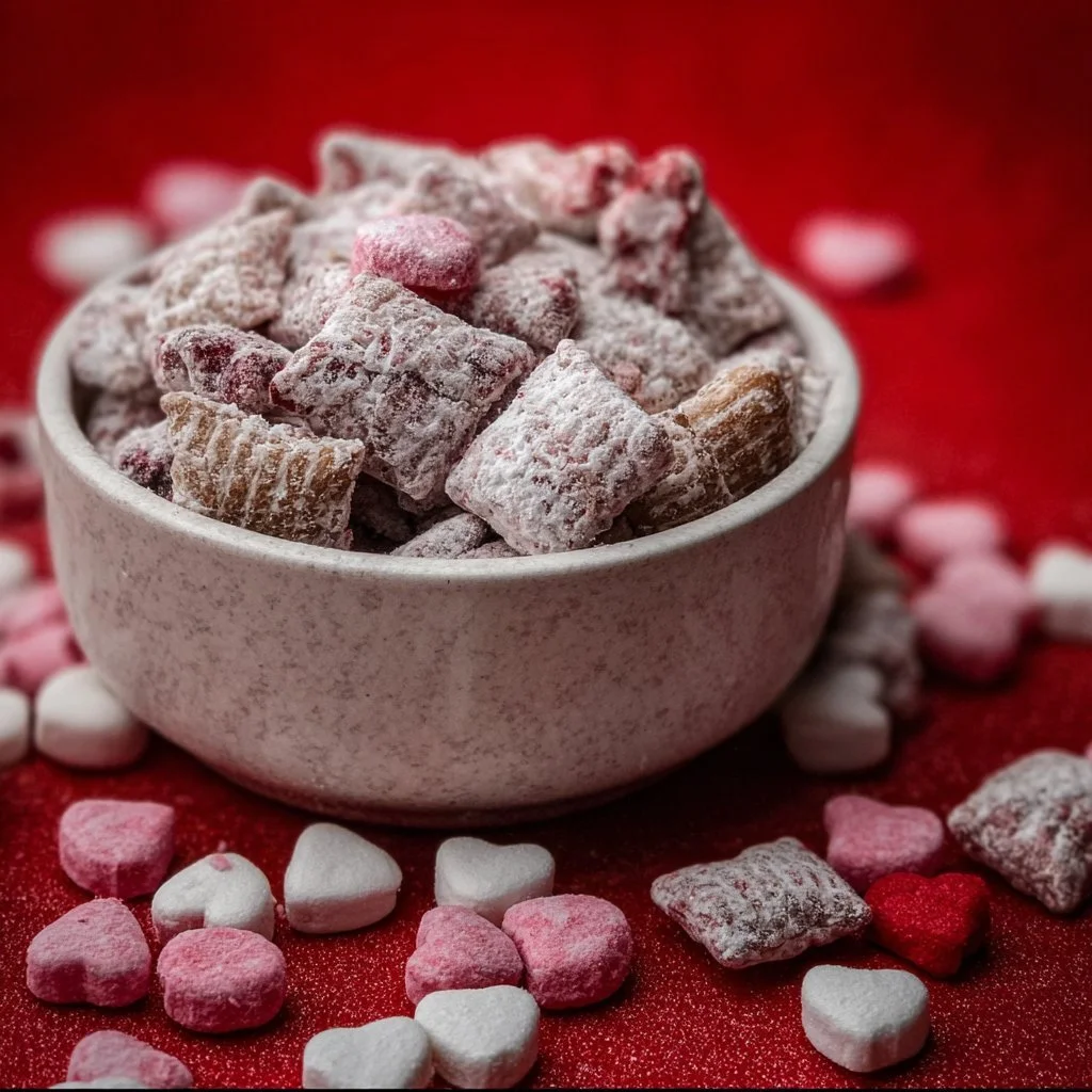 Valentine's Day themed Muddy Buddies treat with heart decorations