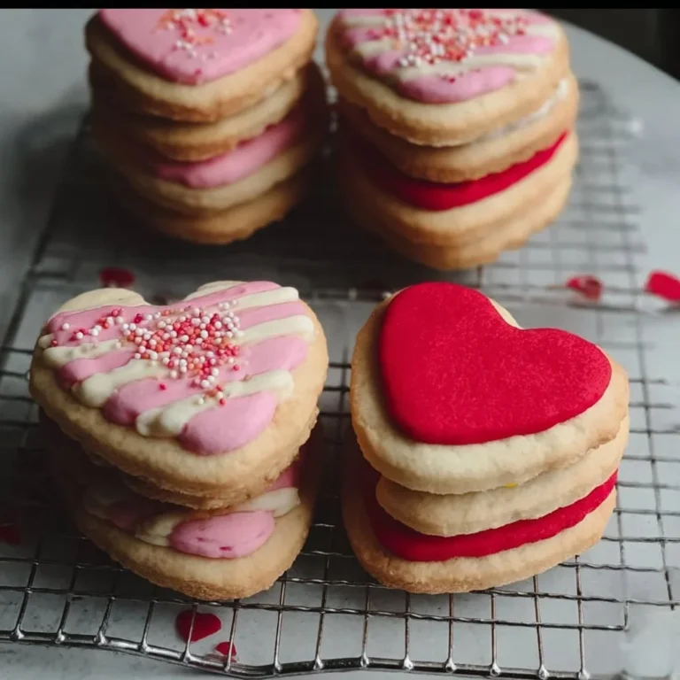 Valentine's Day sandwich cookies decorated with hearts and pink frosting