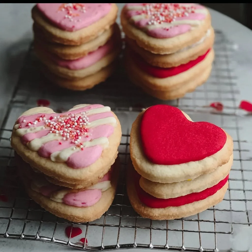 Valentine's Day sandwich cookies decorated with hearts and pink frosting