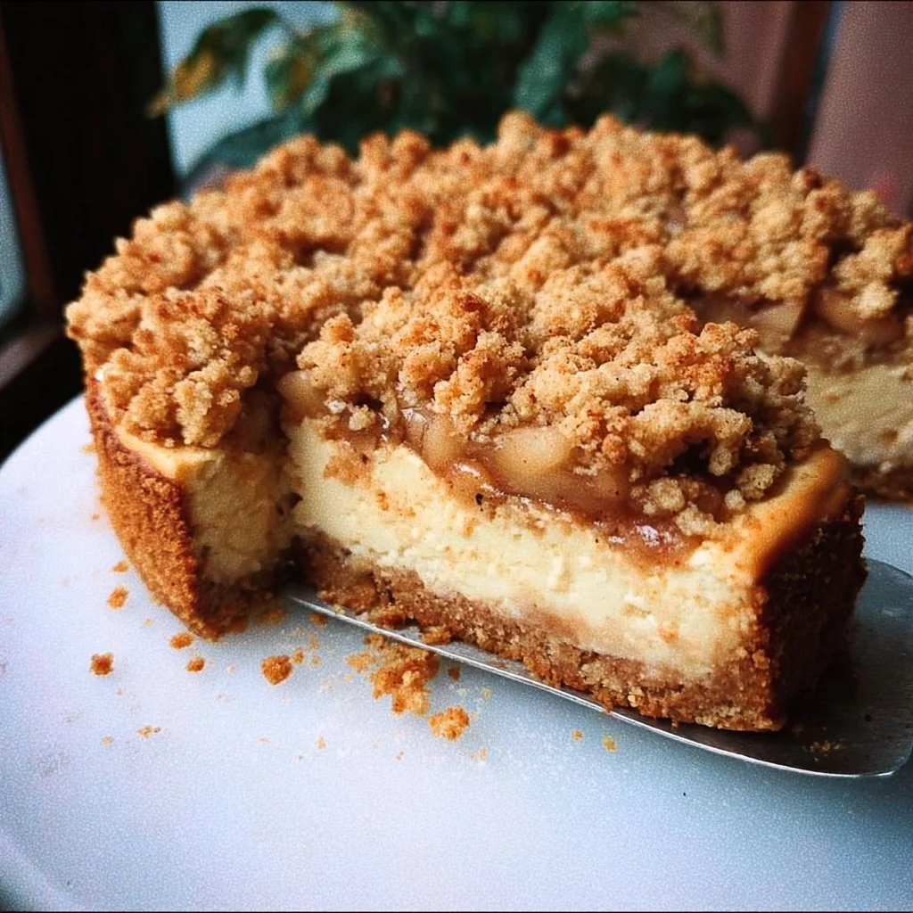 Vegan apple crumble cheesecake topped with crunchy crumble and fresh apples