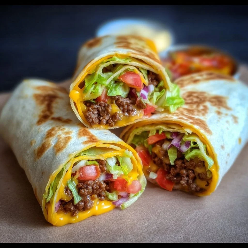Vegan cheeseburger wraps filled with fresh veggies and plant-based cheese